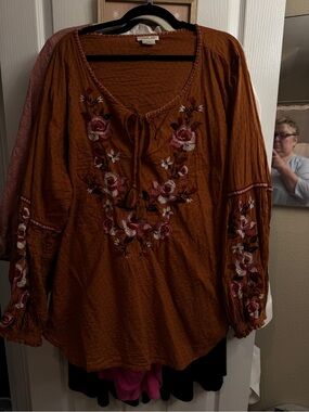 Embroidered Peasant Tunic Top - Rust Brown
